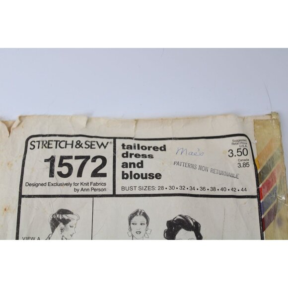UNCUT Stretch & Sew Pattern 1572 Womens Tailored Dress Blouse Vintage 1979 93738 - Picture 3 of 5